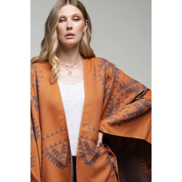 SOLD OUT Rustic Pottery Rust Western Aztec Tribal Native Reversible Ethnic Ruana - Picture 3 of 6